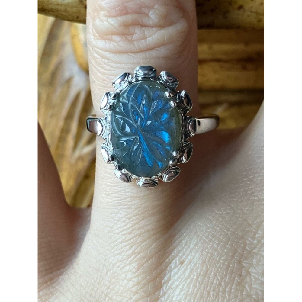 Natural Labradorite Carved Flower Ring Size 8